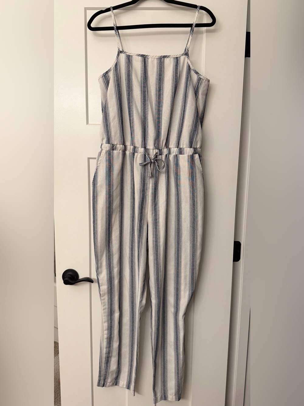 Ci Sono Blue and White Striped Sleeveless Jumpsuit